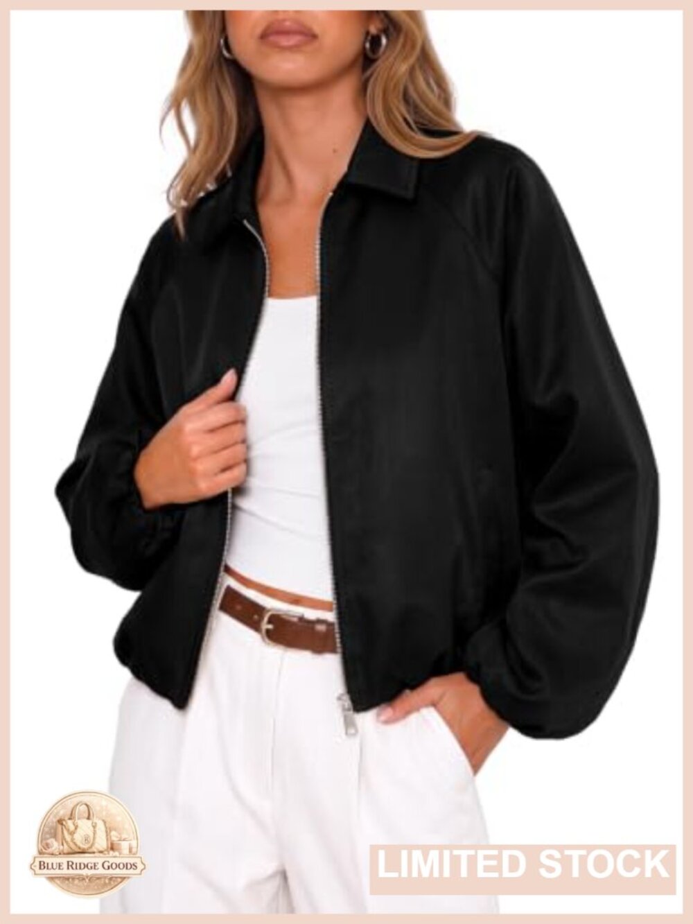 Cropped Zip Up Bomber Jacket Long Sleeve Loose Fit Casual Fall Coat